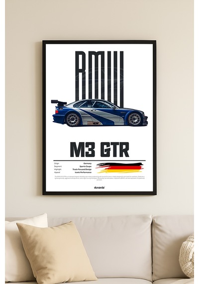 Bmw M3 Gtr Araba Siyah Ahşap Çerçeveli Poster, Dekoratif Duvar Tablosu