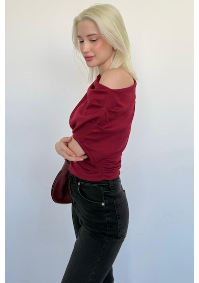 Bordo Tek Omuz Modern Kesim Şık Kadın Bluz Mg2669 bordo