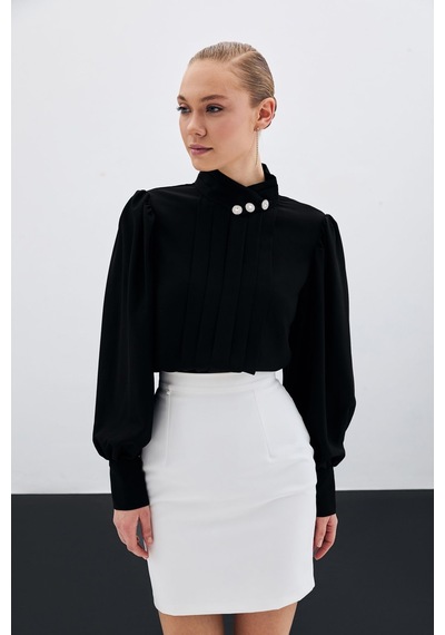 Sateen Nervür Detaylı Bluz - Siyah-135421 Siyah