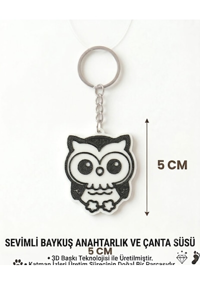 Sevimli Baykuş Anahtarlık & Çanta Süsü Beyaz - Siyah