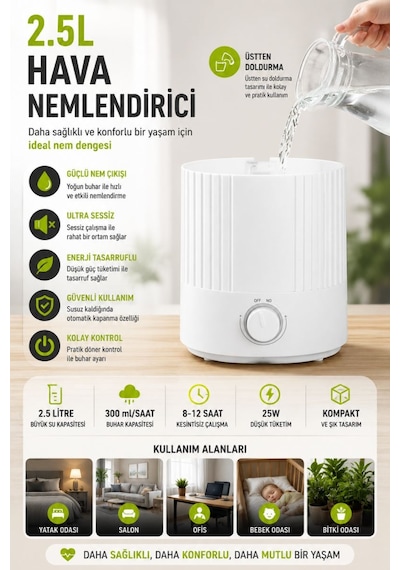 Q3 2.5 Lt Hava Nemlendirici Buhar Makinesi Ultrasonik Difüzör Oda Nemlendirici Hava Nemlendiricisi