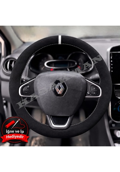 Renault Clio 4 Dikme Direksiyon Kılıfı Full Alcantara Süet Beyaz Yüzük Ve Beyaz Dikiş 2012-2019 Siyah