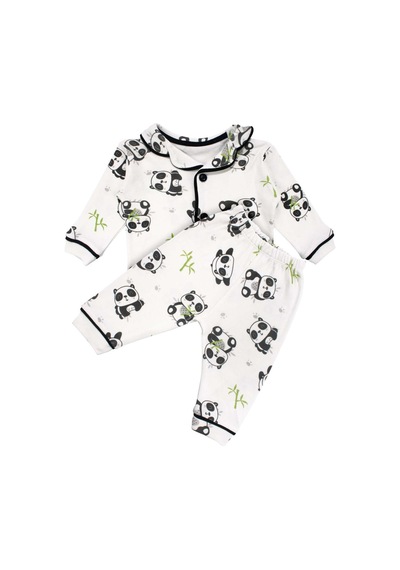 Bebegen Unisex Ekru Siyah Panda Desenli Kruvaze Yaka Pijama Takımı Çok Renkli