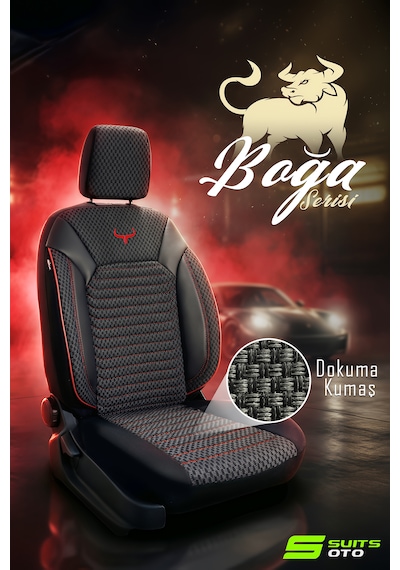 Boğa Serisi Tam Set Dokuma Kumaş Tüm Binek Araçlara Uyumlu Spor Dikiş Oto Koltuk Kılıfı Siyah Kırmızı