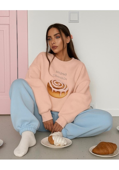 Benroma 3 İplik Penye Pasta Baskılı Unisex Sweatshırt Pembe