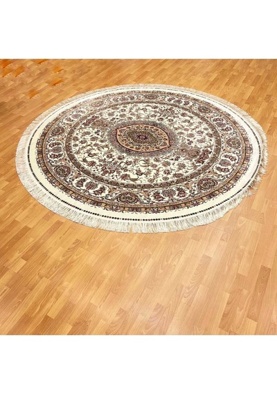 Çiçek Motifli 250 X 250 Yuvarlak İpek Halı Bej