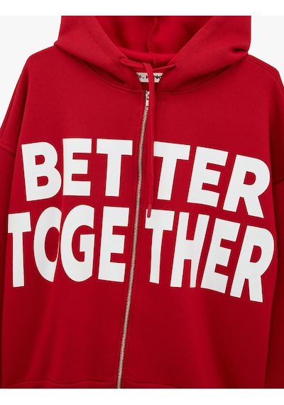 Koton Üç İplik Şardonlu Uzun Kollu Kapüşonlu Baskılı Fermuarlı Sweatshirt Kırmızı 7wal90005ık