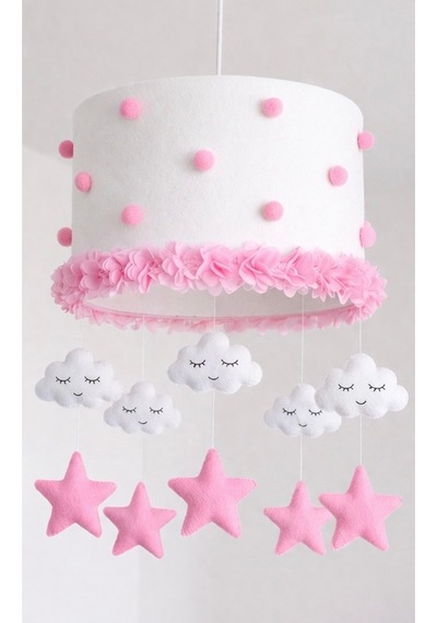 Kız Bebek Odası Avize Ve Çerçeve Seti Pembe Bulut Yıldızlı El Yapımı 30x20 Cm Şeker Pembe