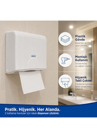 Lexroo Z-fold Kağıt Havlu Dispenseri, Beyaz Plastik Duvara Monte Z Katlı Kağıt Havlu Aparatı