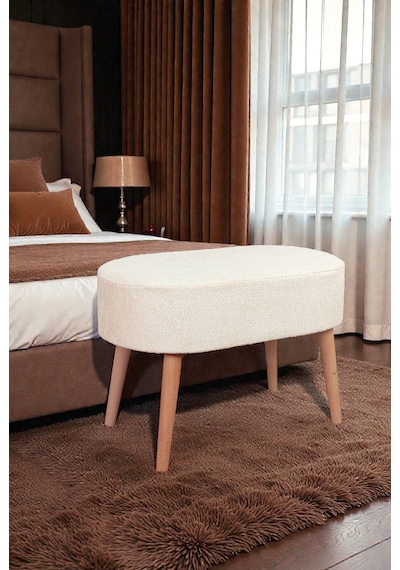 Ahşap Ayaklı Oval Puf Bench Geniş Oturum Alanlı Puf Sandalye - Krem - 60x40 Cm Krem