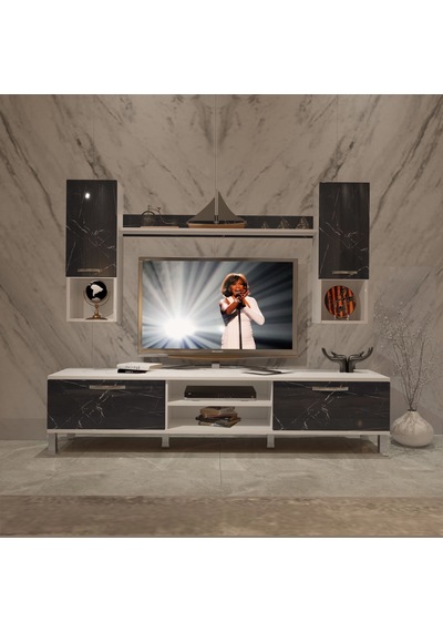 Decoraktiv Eko 5da Mdf Dvd Krom Ayaklı Tv Ünitesi Tv Sehpası Beyaz - Siyah Mermer Decoraktiv Eko 5da Mdf Dvd Krom Ayaklı Tv Ünitesi Tv Sehpası Beyaz - Siyah Mermer