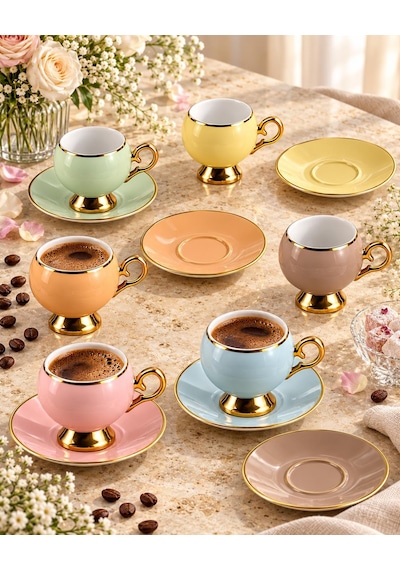 Valkyrie Pastelia Serisi 12 Parça 6 Kişilik Pastel Renkli Gold Ayaklı Türk Kahvesi Fincan Takımı çok renkli