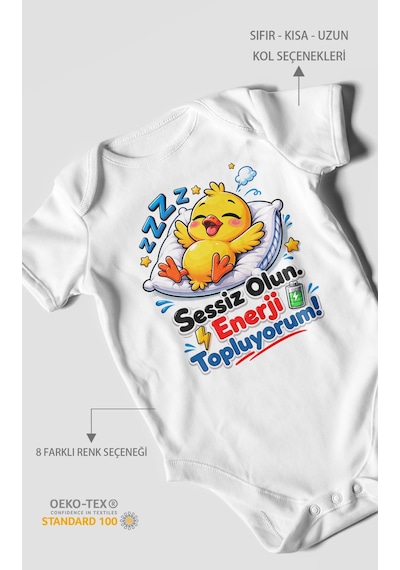 Morivokids Sessiz Olun, Enerji Topluyorum Kısa Kollu Bebek Body %100 Pamuk Beyaz