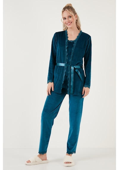 Lela Regular Fit Dantelli Yumuşak Dokulu Sabahlıklı Kadife Bayan Pijama Takımı 6095545 Nefti