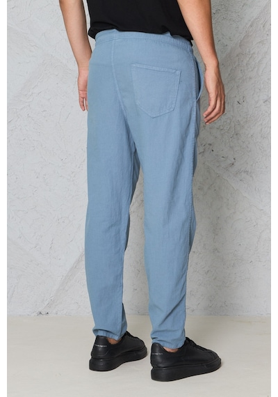 Blayn Jeans Erkek Haki Jogger Pantolon Beli Lastikli Bağcıklı %100 Pamuk Keten Baggy Rahat Günlük Pantolon Buz Mavi