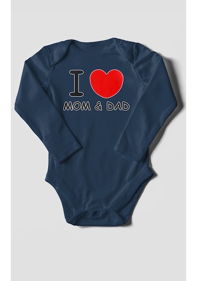 I Love Mom And Dad Baskılı Bebek Zıbını Çıtçıtlı Body %100 Pamuk Uzun Kol Lacivert