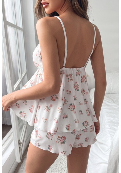 Findit Yumuşak Dokulu Beyaz Çiçek Desenli Dantel Yaka İnce Askılı Şortlu Fitilli Pijama Takımı