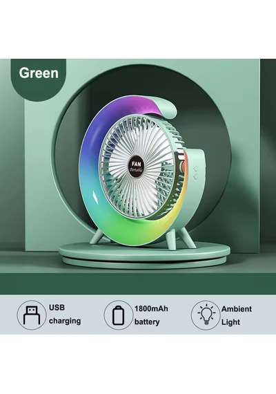 Şarjlı Masaüstü Vantilatör Rgb Led Işıklı 3 Kademeli 180 Ayarlanabilir Soğutucu Fan Gece Lambası Yeşil