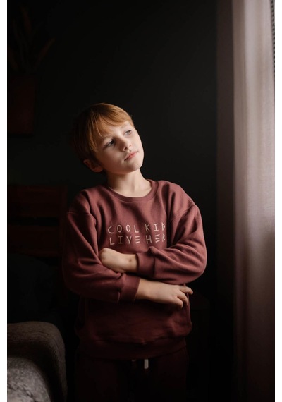 Antebies Pamuk Kumaştan Üretilmiş, Cool Kids Nakışlı, Uzun Kollu Erkek Çocuk Sweatshirtü, Bel Lastikli Bağcıklı Eşofman Takımı Bordo