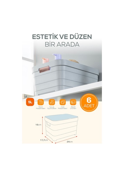 Vienev 6'lı Kapaklı 5 Litre Saklama Kutusu Mavi Mavi
