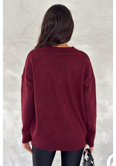 Femelle Kadın Bordo V Yaka Standart Beden Oversize Basic Triko Kazak