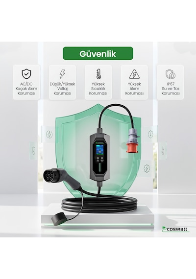 Coswatt Taşınabilir EV Şarj Cihazı CS-P3-32A / 22kW / 8m / Türkçe / 380V AC / Tip-2 / 5x32A CEE / Ev Tipi Dönüştürücü / Çanta Coswatt Taşınabilir EV Şarj Cihazı CS-P3-32A / 22kW / 8m / Türkçe / 380V AC / Tip-2 / 5x32A CEE / Ev Tipi Dönüştürücü / Çanta