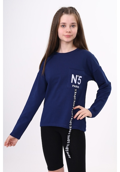 Toontoy Kız Çocuk Cep Üstü Baskılı Sweatshirt Lacivert