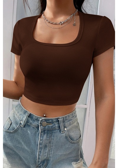 Angbutik Kadın Kahverengi Yarım Kol Düz Yaka Crop Top Bluz