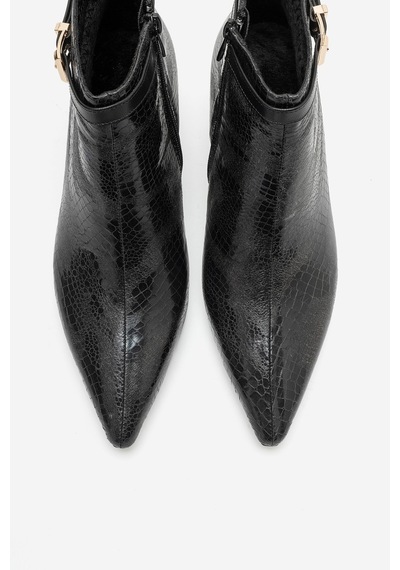 Luvi Shoes Juxon Siyah Desenli Tokalı Kadın Kısa Topuklu Bot