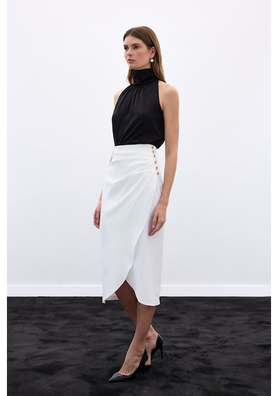 Sateen Düğme Detaylı Kalem Etek - Ekru-136778 Ekru