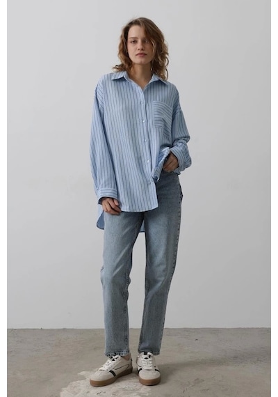 Defymoda Çizgili Tek Cep Gömlek - Bebe Mavisi Bebe Mavisi