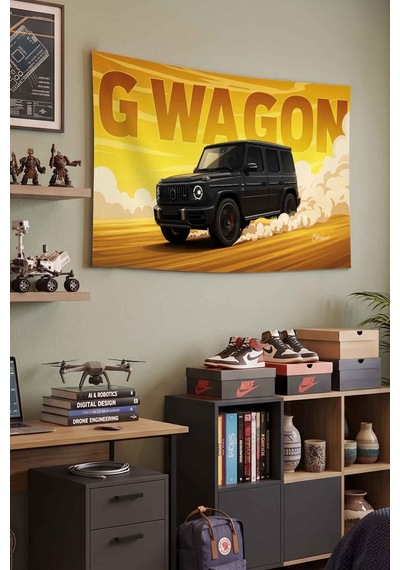 Mercedes G Wagon Siyah Sarı Graffiti Dekoratif Duvar Örtüsü Duvar Halısı Beyaz