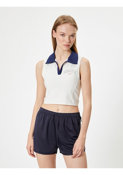 Koton Crop Spor Atlet Slogan Baskılı Polo Yaka Kolsuz Slim Fit Ekru 4sak30196nk Ekru
