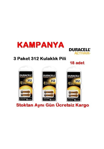 Duracell 312 Numara Pil Kulak İçi Işitme Cihazı Pili 3 Paket
