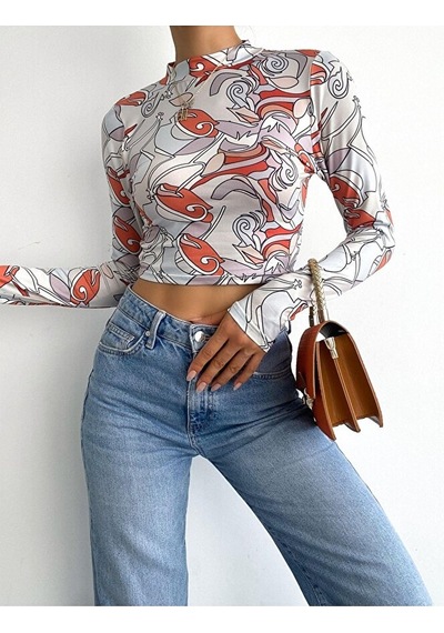 Modazeyosh Balıkçı Yaka Baskılı Crop Bluz Kırmızı