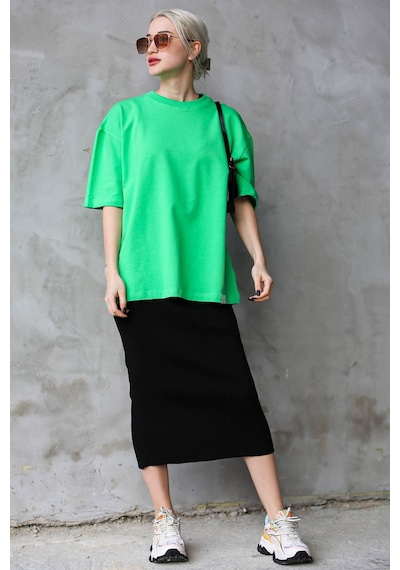 Madmext Yeşil Bisiklet Yaka Basic Oversize T-shirt Mg1687-yeşil Yeşil