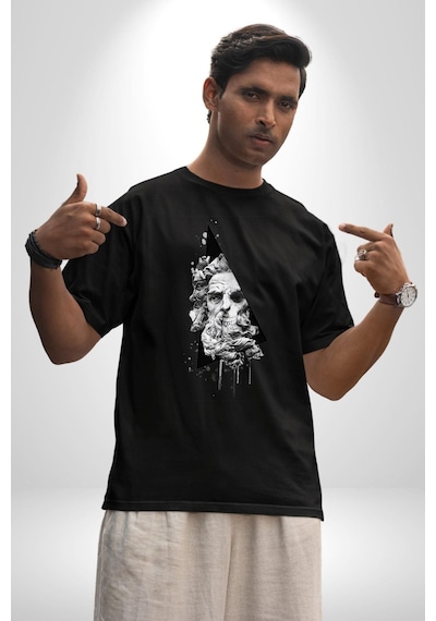 Poseidon Felsefe Pamuklu Bisiklet Yaka Unisex Oversize Boyfriend Dijital Baskılı Siyah T-shirt Siyah