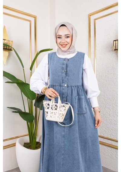Harmatime Kadın Düğmeli Bel Büzgülü Mavi Kot Jile