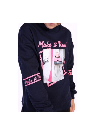 Toontoy Kız Çocuk Baskılı Taş İşlemeli Balıkçı Yaka Sweatshirt Lacivert