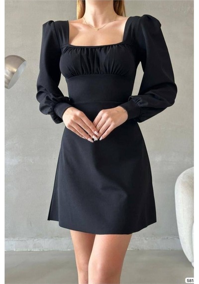 DefyModa Kadın Minimal Krep Kumaş Kare Yaka Uzun Kollu Elbise Siyah