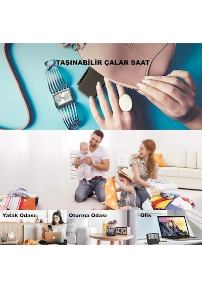 Plentiful Led Katlanır Dijital Saat Pilli Masa & Seyahat Tipi Alarm Takvim Isı Ölçer 10x8cm siyah