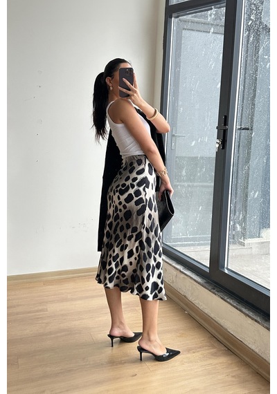 Mixray 4647 Kadın Beli Lastikli Leopar Saten Etek Toprak