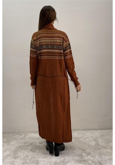 Onno Style Woman Spor Triko Kilim Desenli Kiremit Uzun Hırka Kiremit