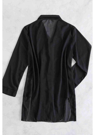 Angelsin Şifon Gömlek Plaj Elbisesi Pareo Kimono Kaftan Siyah 001