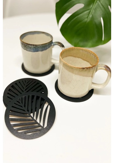 Yaprak Desenli Ahşap Mdf Bardak Altlığı 6'lı Set Siyah