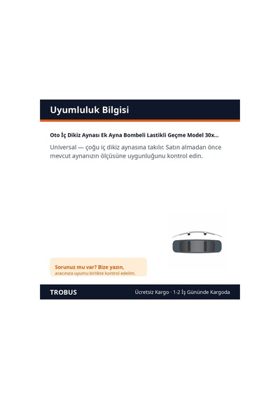 Trobus Oto İç Dikiz Aynası Ek Ayna Bombeli Lastikli Geçme Model 30x8 Cm