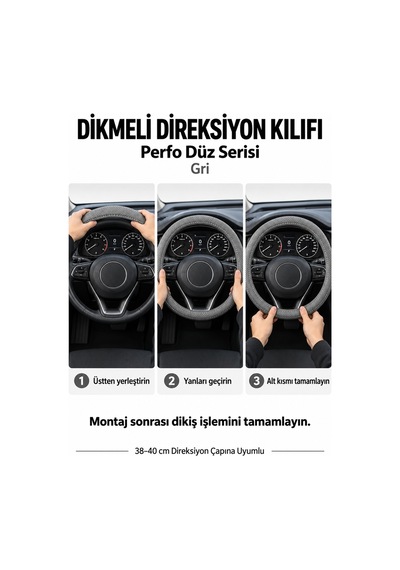 Trobus Volkswagen Taigo 2021-2025 Uyumlu Dikmeli Direksiyon Kılıfı Perfo Düz Delikli Deri Gri