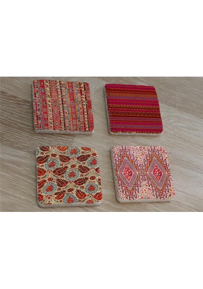 Osmanlı Kumaş Desenleri Doğal Taş Bardak Altlığı 4'lü Set - Natural Stone Coasters-174233 Çok Renkli