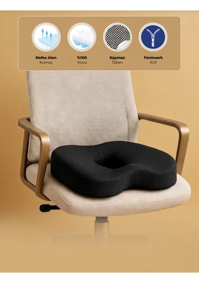 Yeni Nesil Visco Ortopedik Ergonomik Kaymaz Taban Terlemez Hemoroıd Oturma Simidi Minderi Omurga Sağlığını Destekler Ve Oturma Baskısını Azaltır Siyah