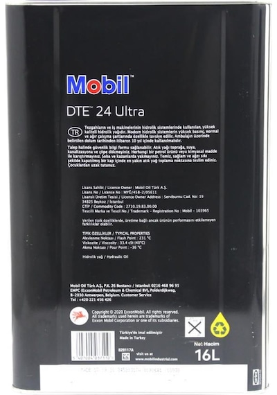 Mobil Dte 24 Ultra Iso Vg 32 Üstün Performanslı Hidrolik Yağı 16 L
